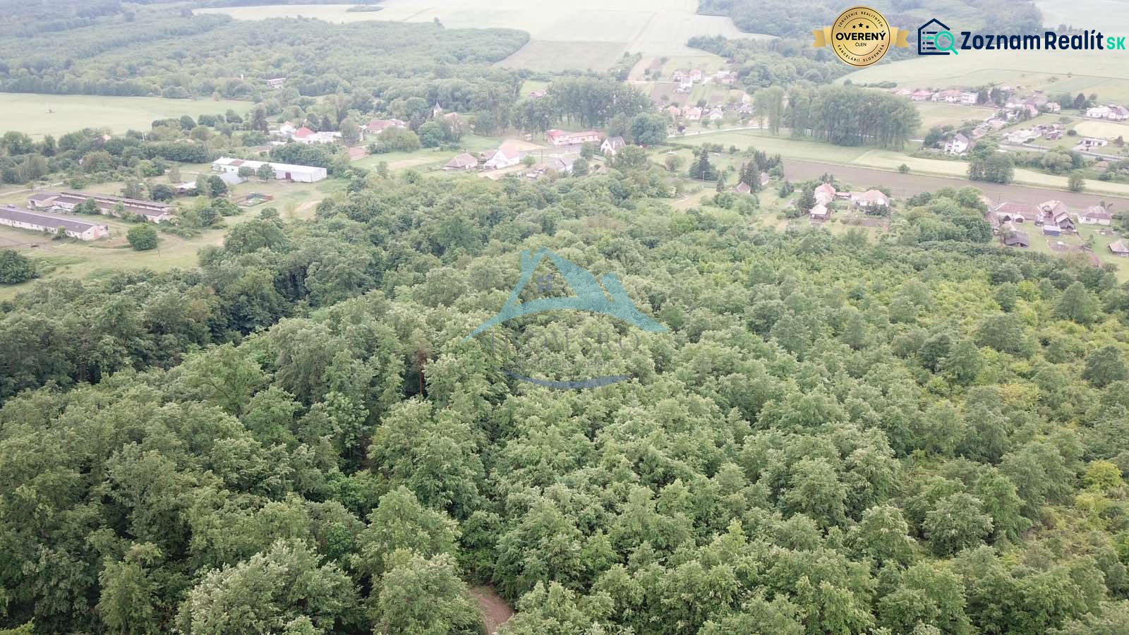 Aerial view of agricultural and forest lands near Trebušovce surrounded by greenery and rural areas.