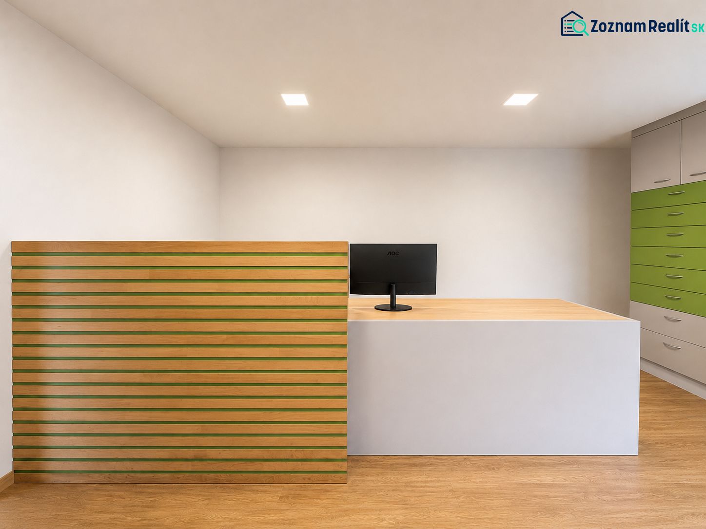 Reception in manufacturing premises with a counter and a cabinet, floor with wood decor.
