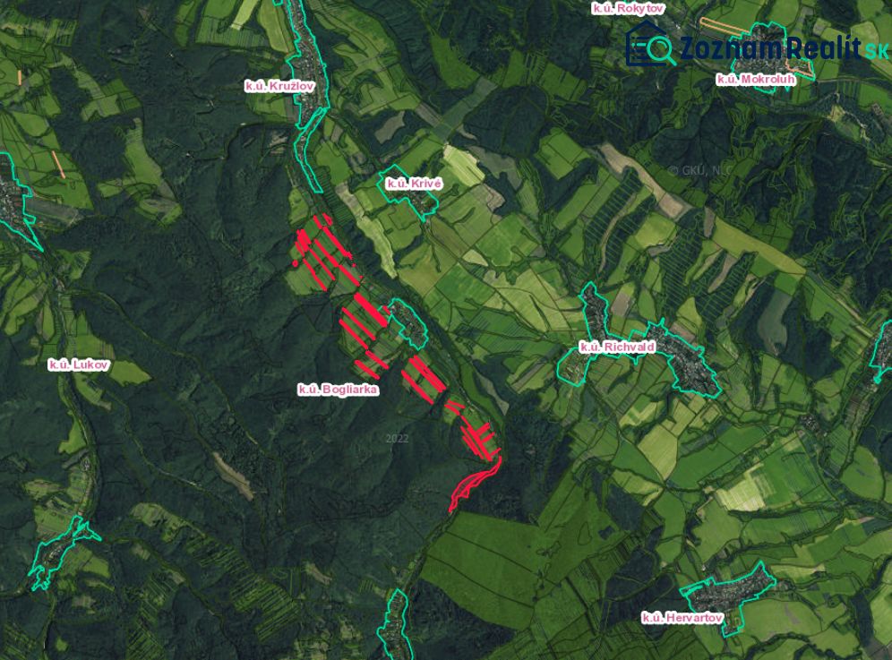 Aerial view of agricultural and forest land around Bogliarka.