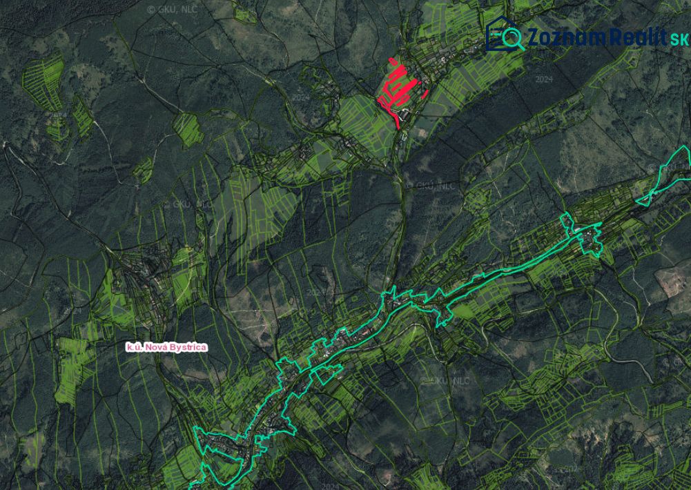 Agricultural and forest lands around Nová Bystrica, visible on the satellite image.