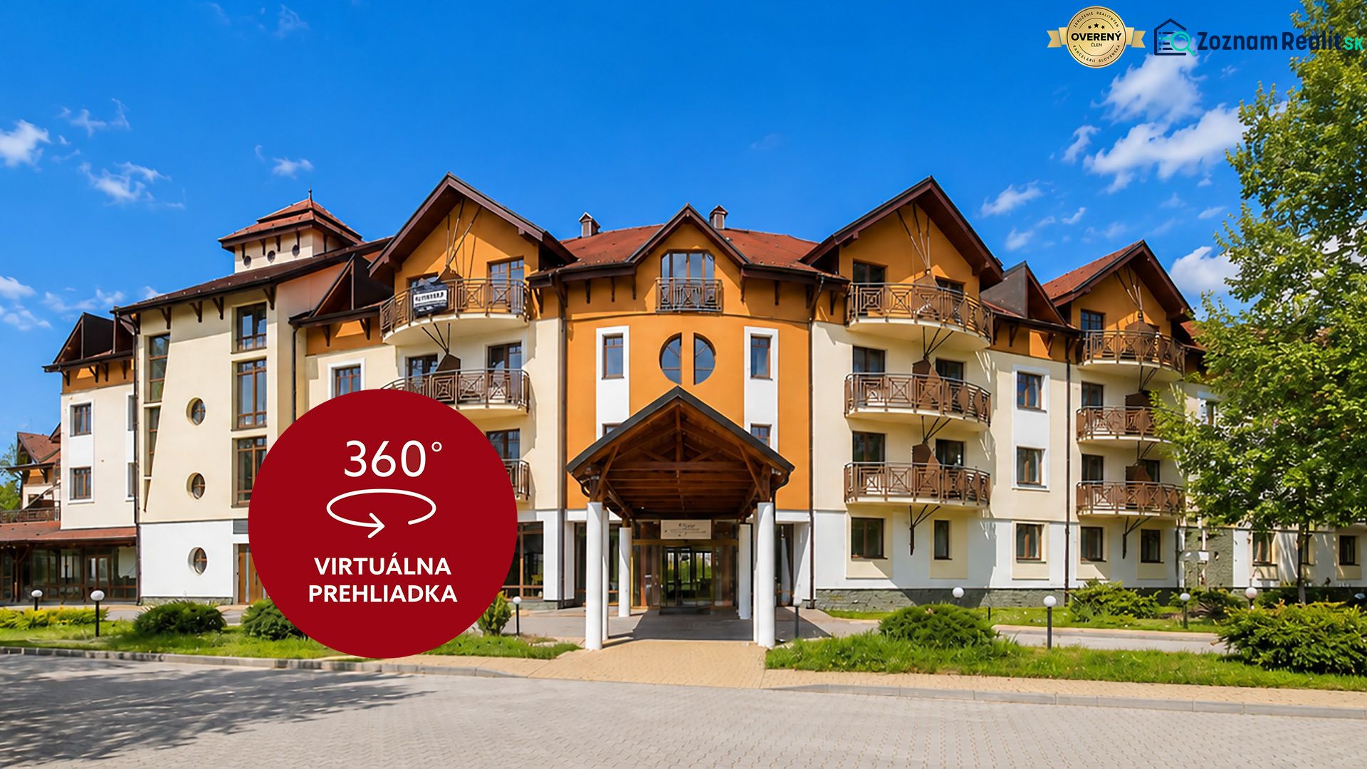 Building with balconies and wooden elements in Bratislava - Petržalka, Antolská. 360° virtual tour.
