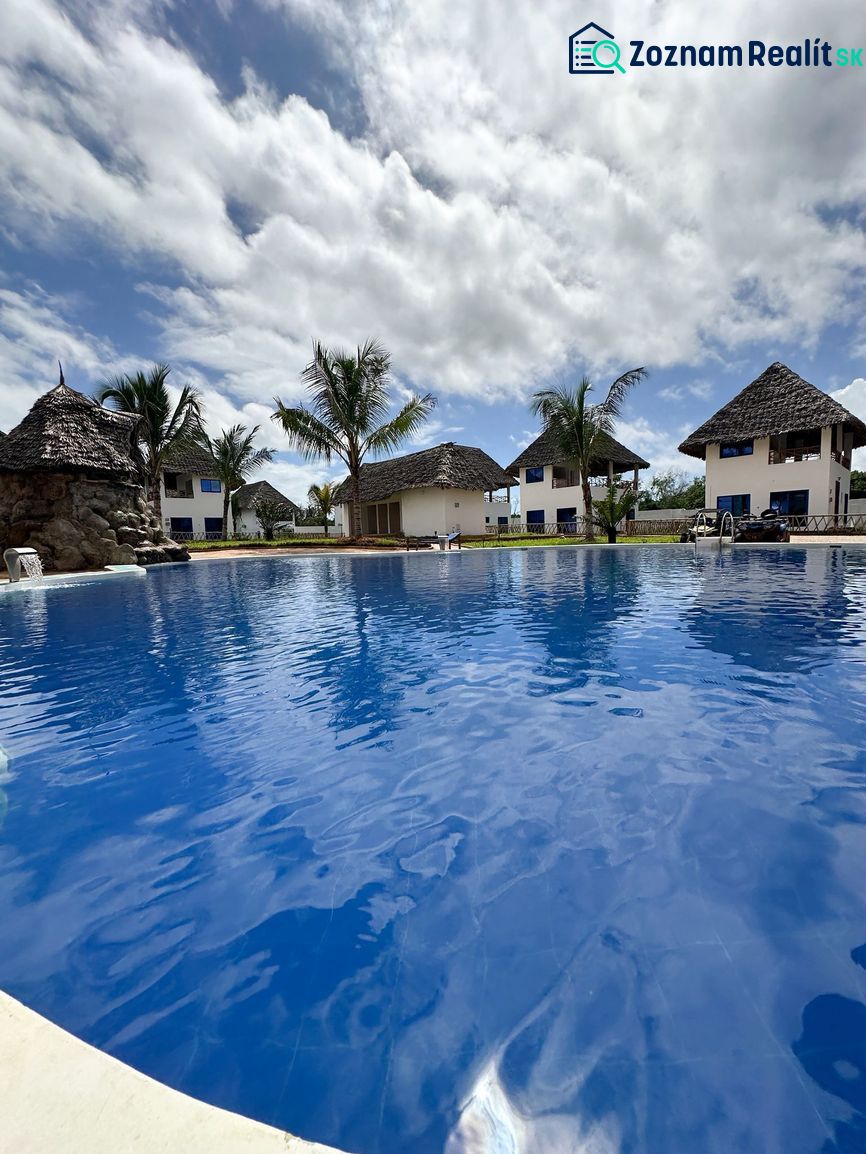 A garden by family houses in Zanzibar surrounded by palm trees.