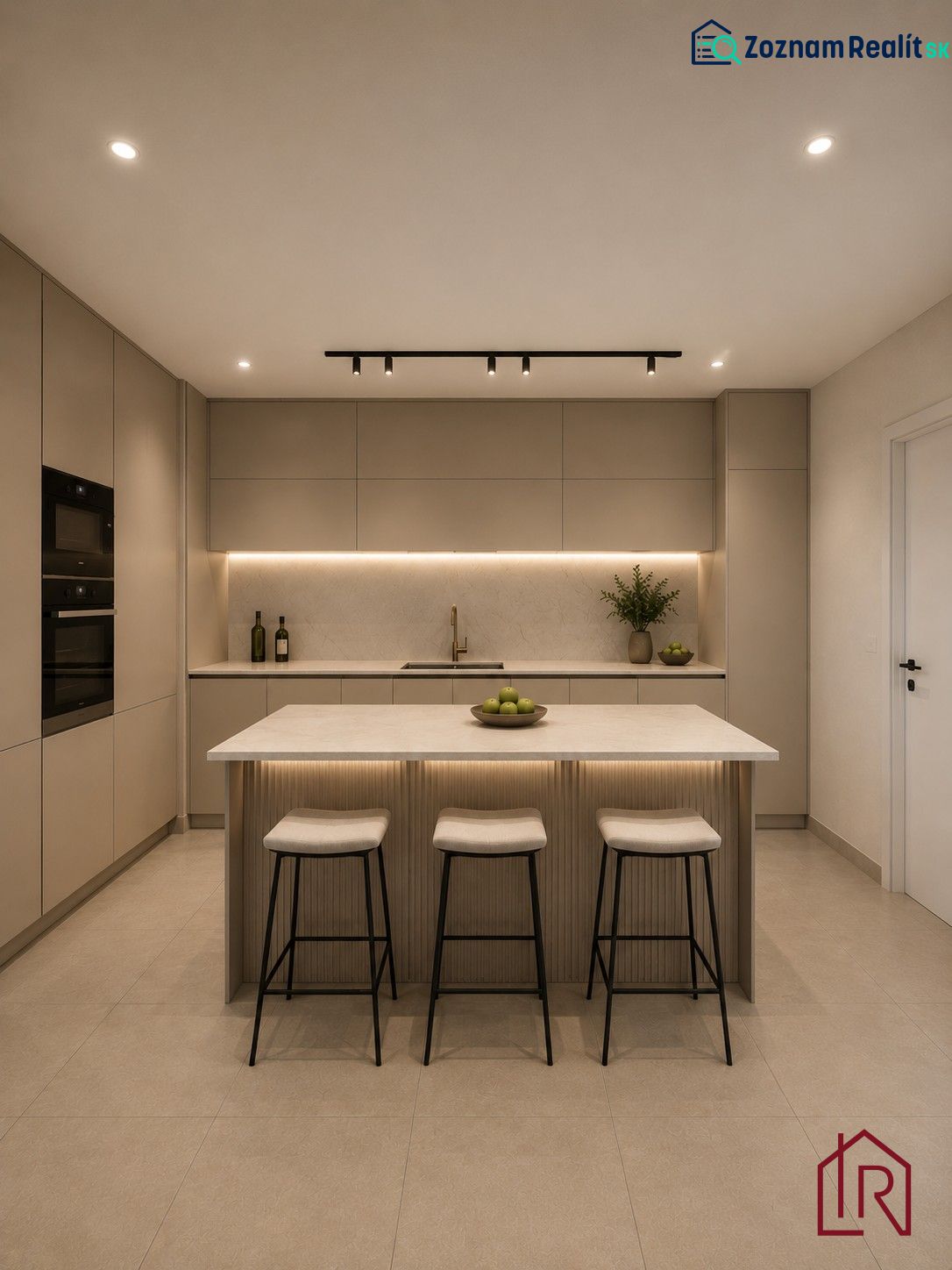 A minimalist kitchen with an island and stools in a family house.