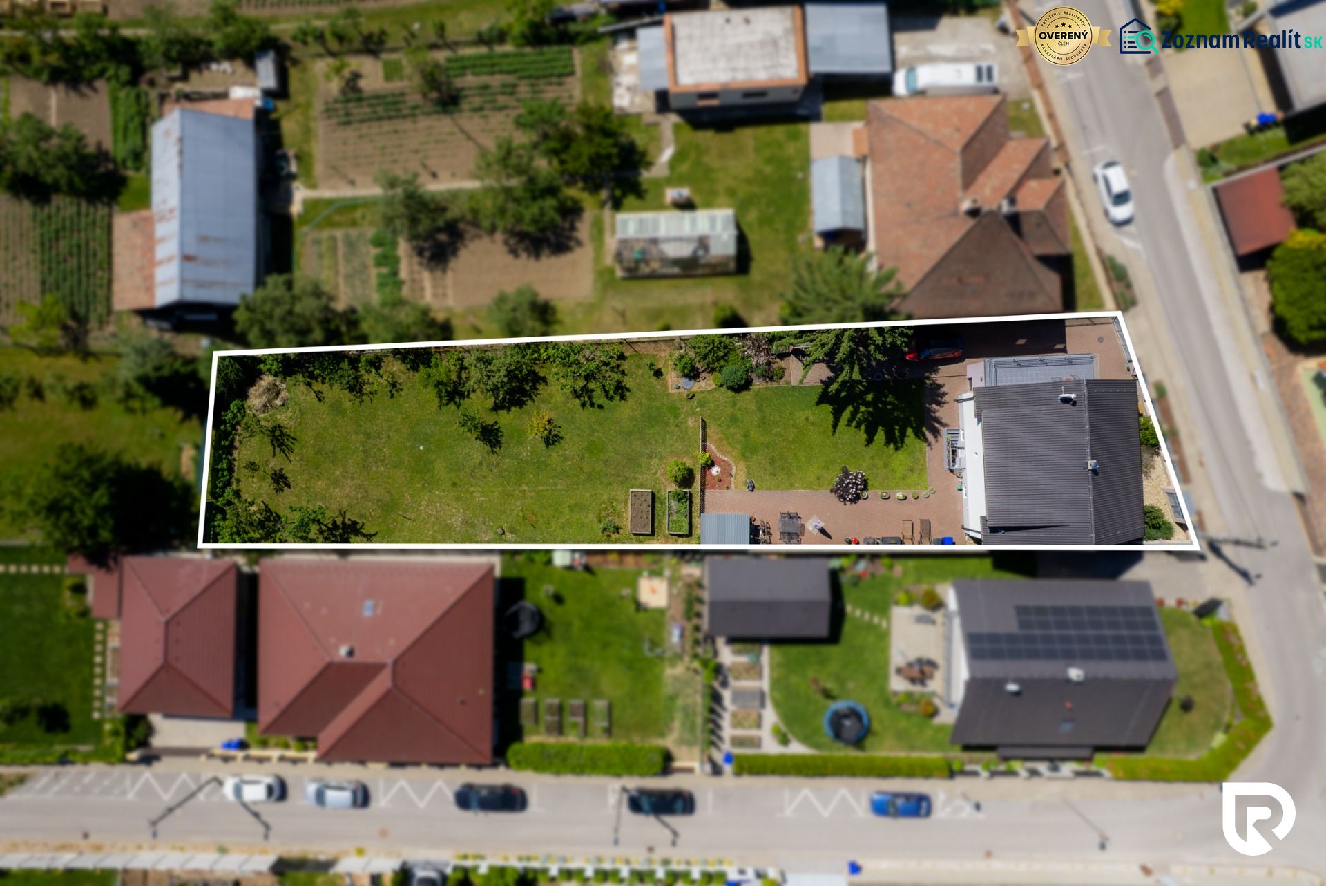 Aerial view of the garden and family house on Jahodova Street in Trencin.