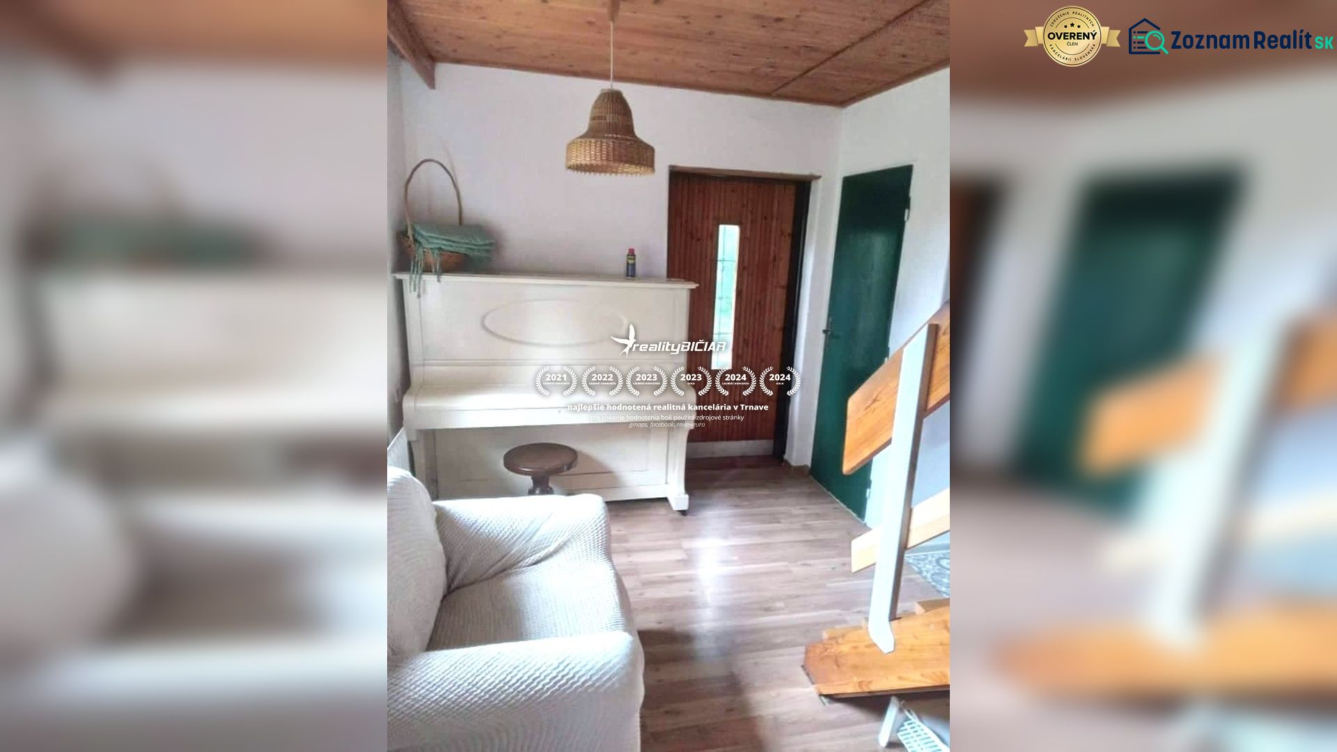 Interior of a family house with a white piano, wooden decor flooring, stairs, and wooden ceiling.