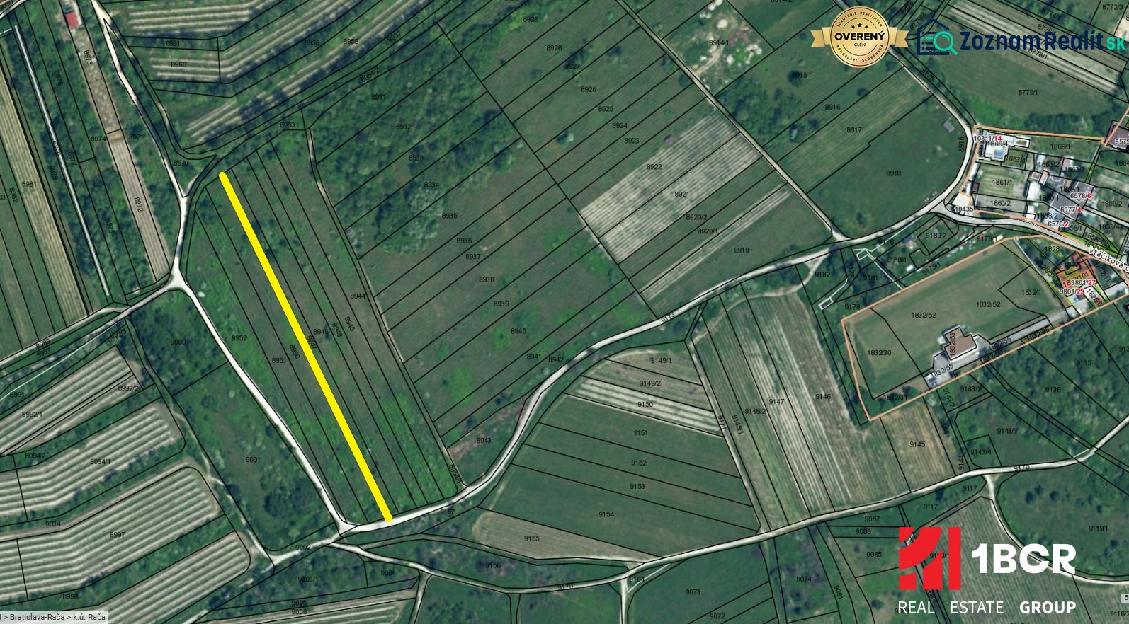 Cadastral map of vineyards on Vtáčikova cesta, Bratislava - Rača, with the plot marked.
