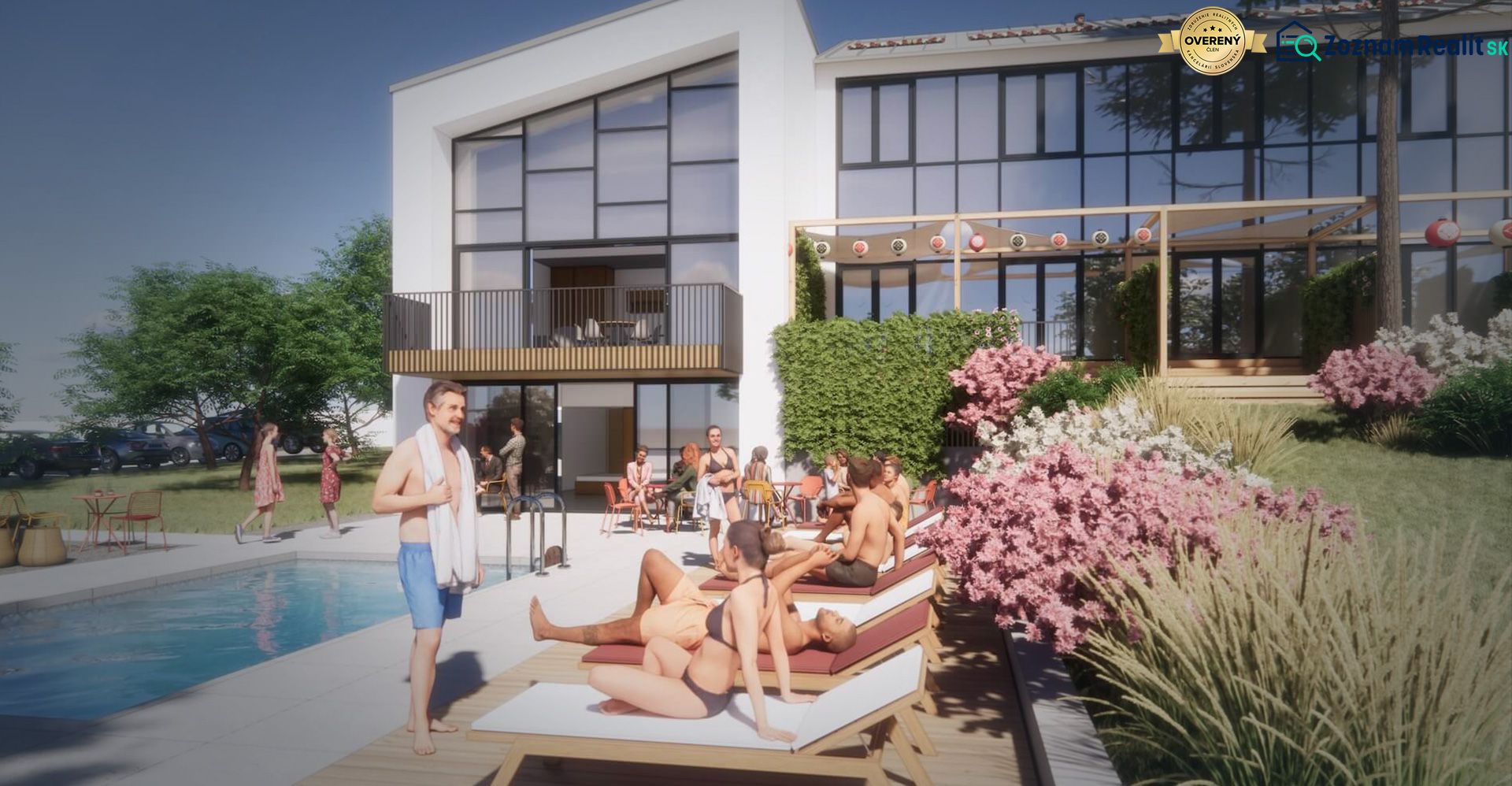 The exterior of a holiday apartment in Zemplínska Šírava with people by the pool and a garden.