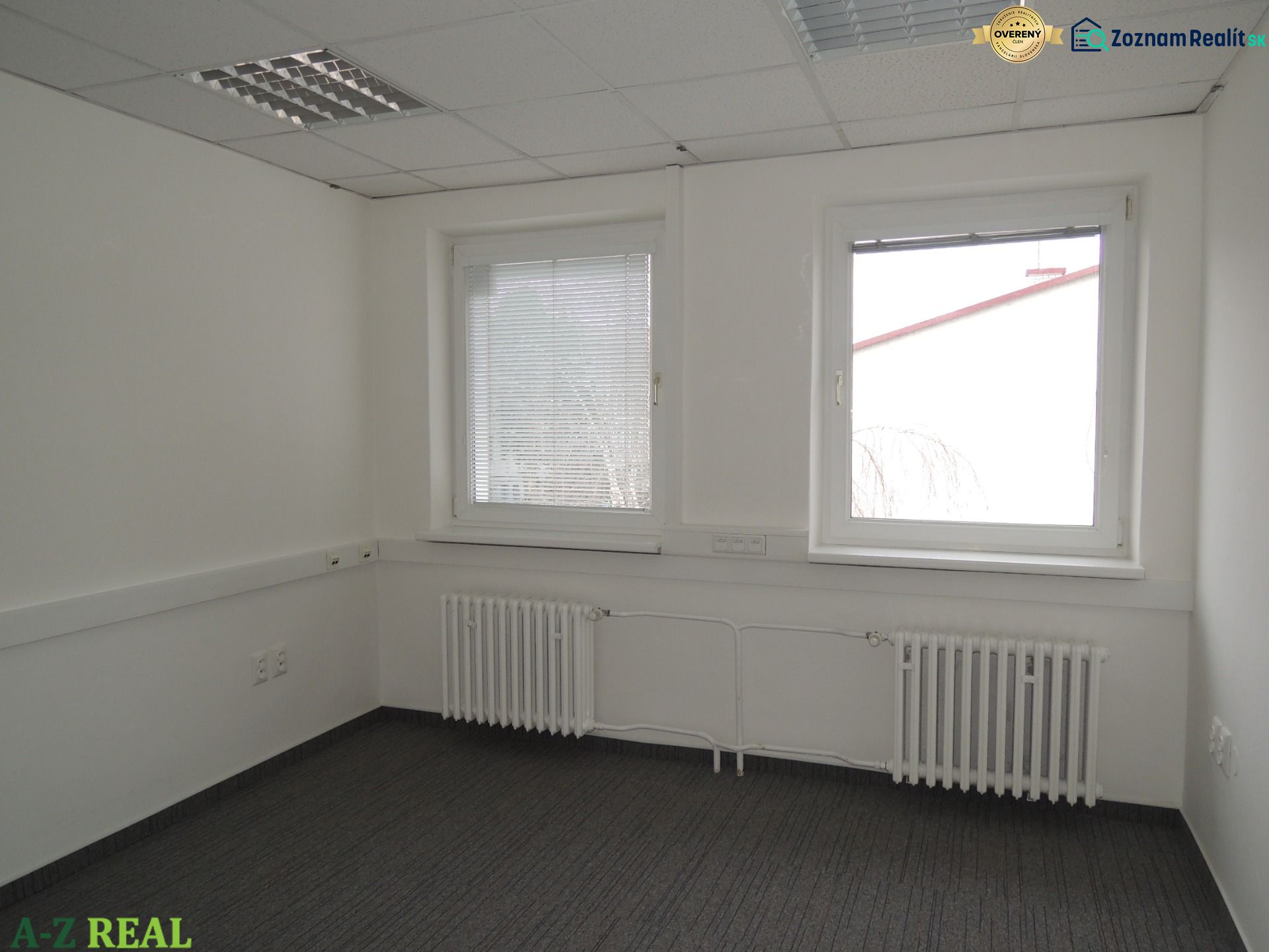 Offices with white walls, carpet, and two windows, radiators under the windows.