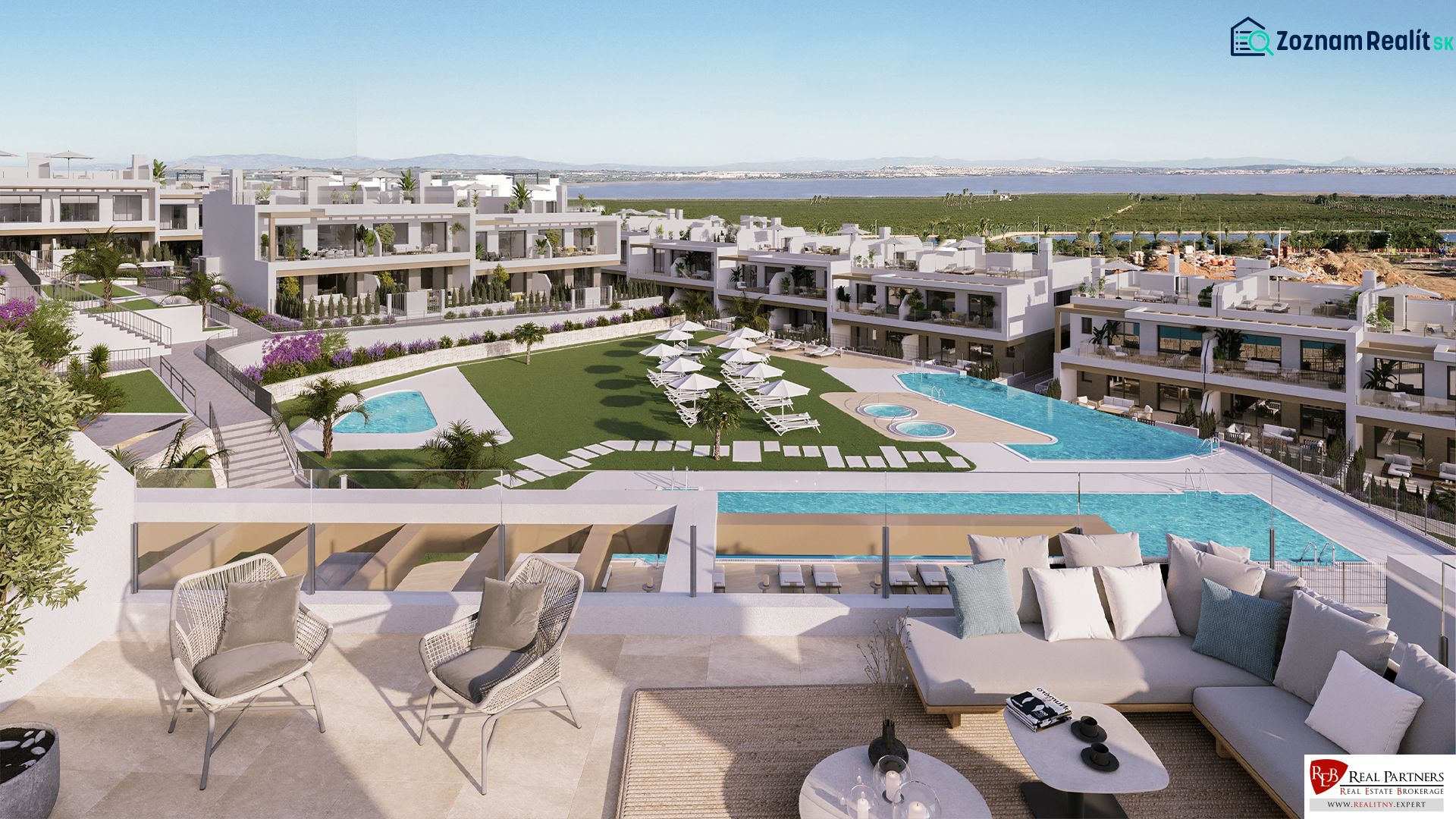 Luxury residential complex in Torrevieja with pools, garden, and lagoon views.