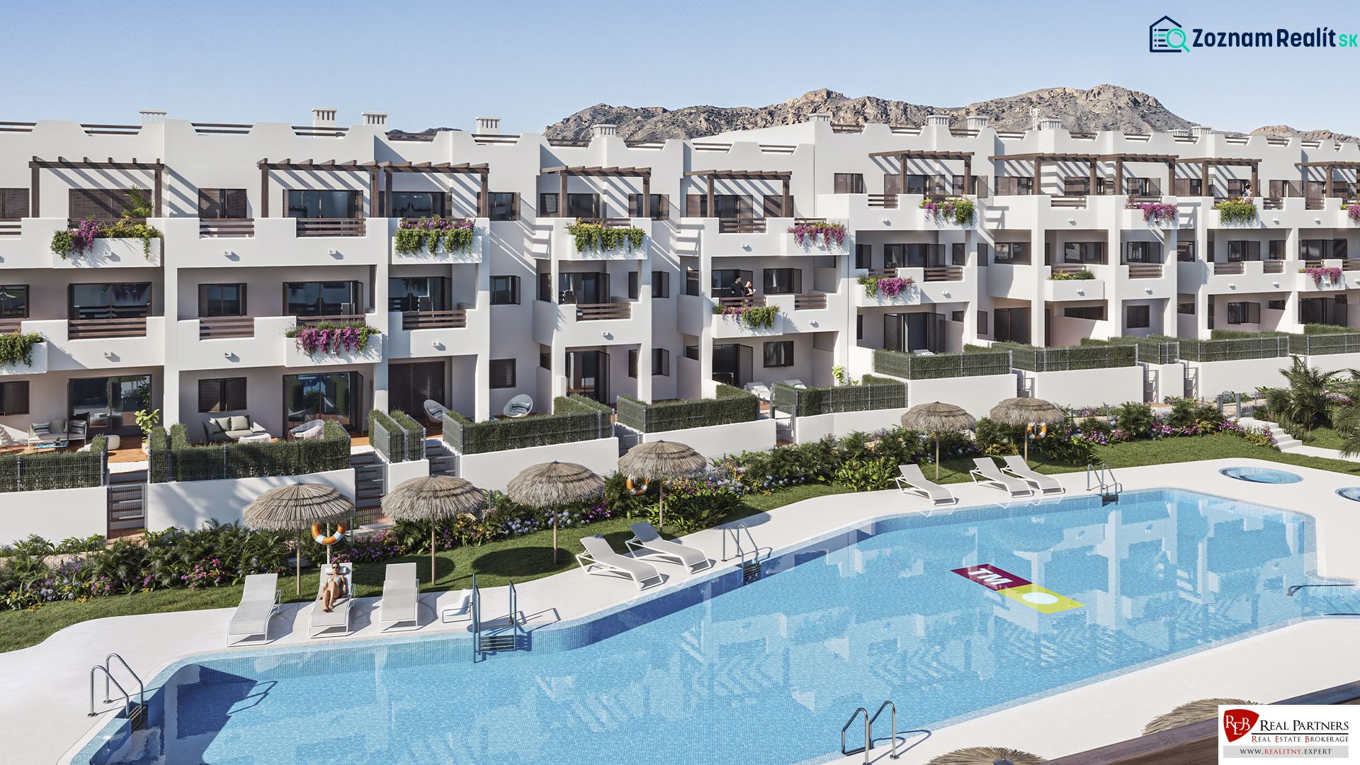 A holiday apartment in Pulpí with a pool, sunbeds, and umbrellas, surrounded by greenery.
