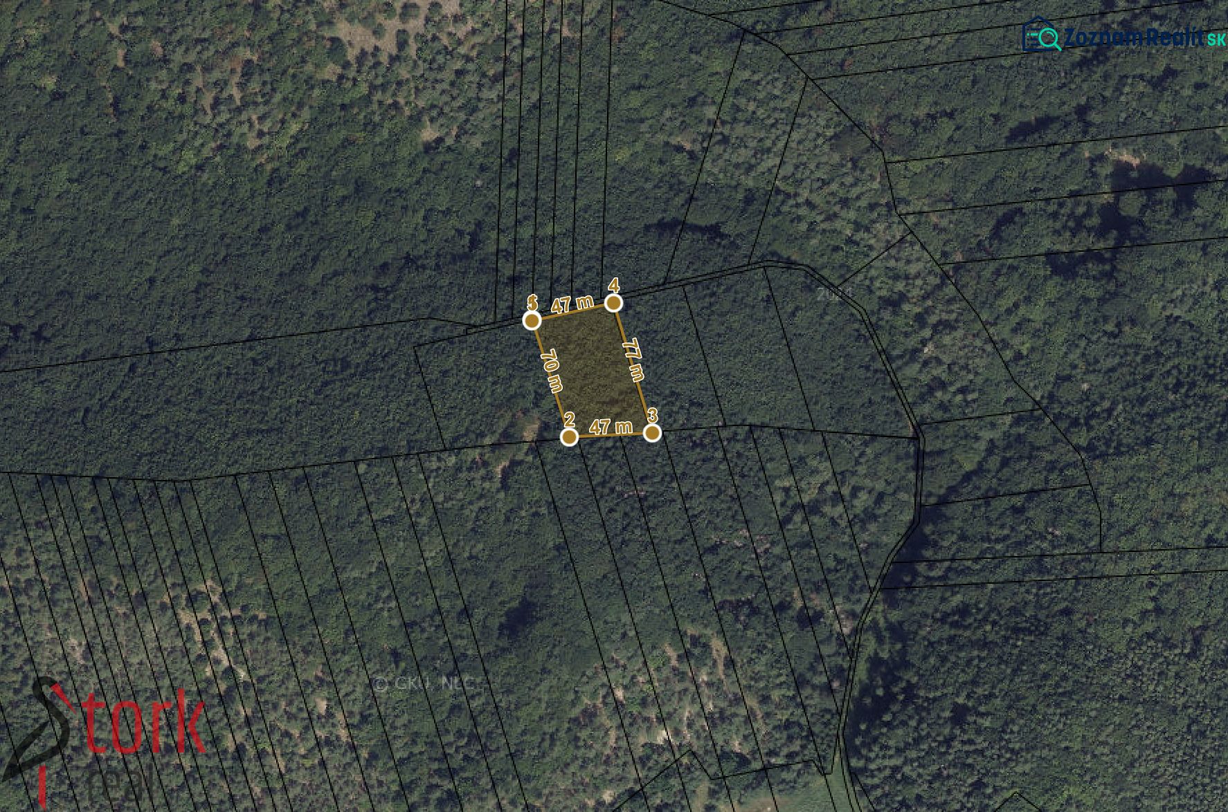 Aerial view of agricultural and forest lands in the Rajecká Lesná area, parcel division.