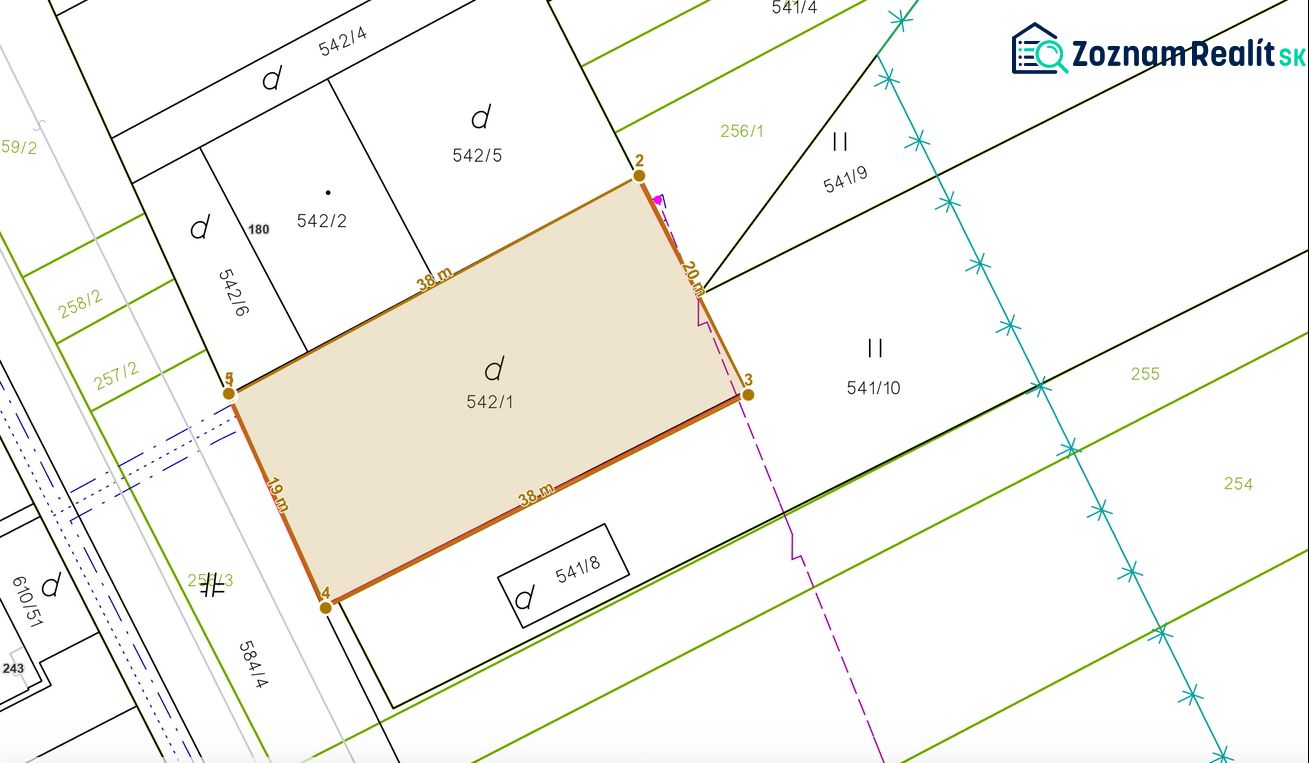 Cadastral map of plots in Gôtovany, highlighted Recreational plots with parcel number.