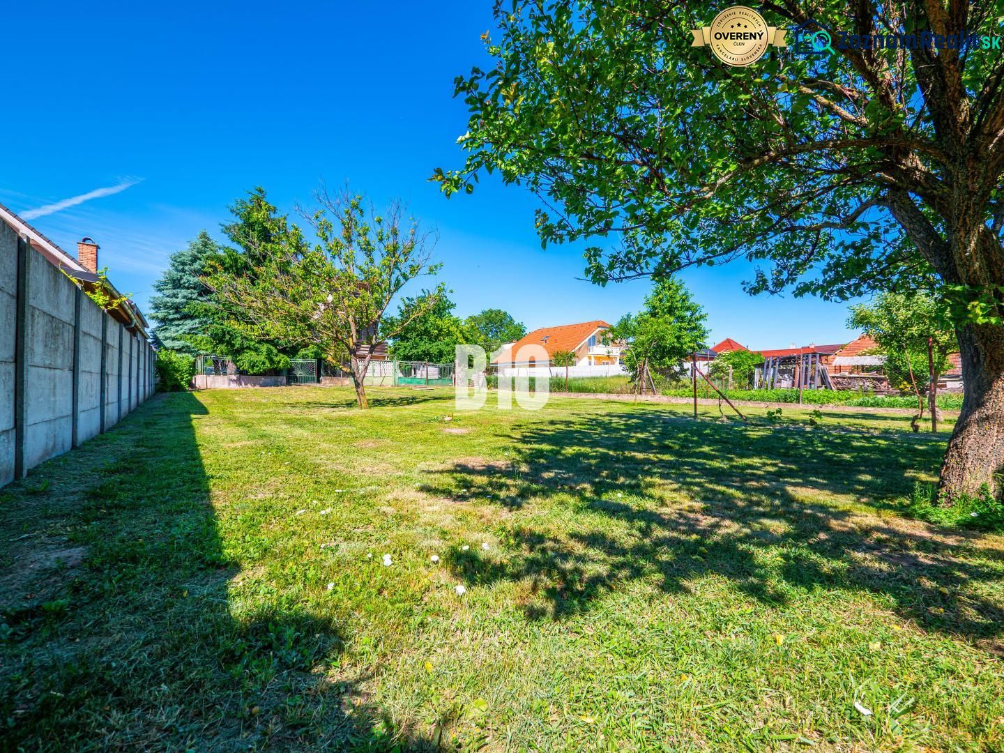 The garden of a family house in Branč with a lawn and trees.