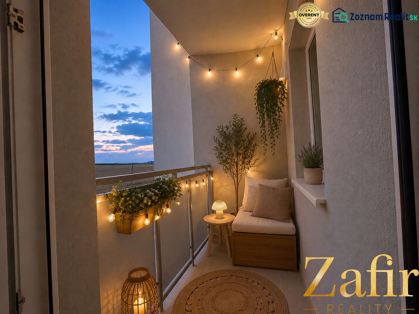 A balcony in a one-room apartment with soft lighting and plants, evening views.