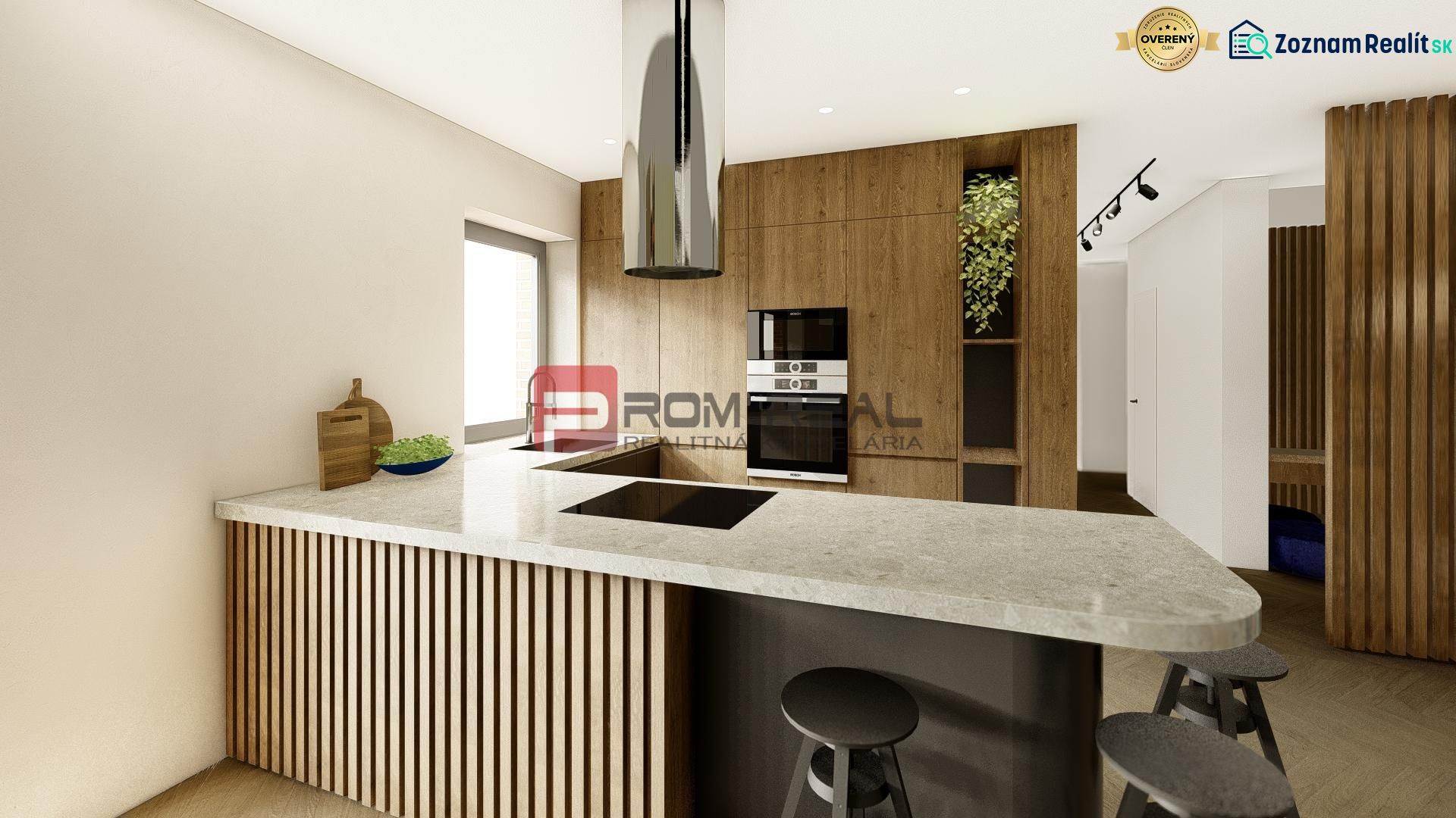 A kitchen in a 4-room apartment with a wooden decor and a stylish island.