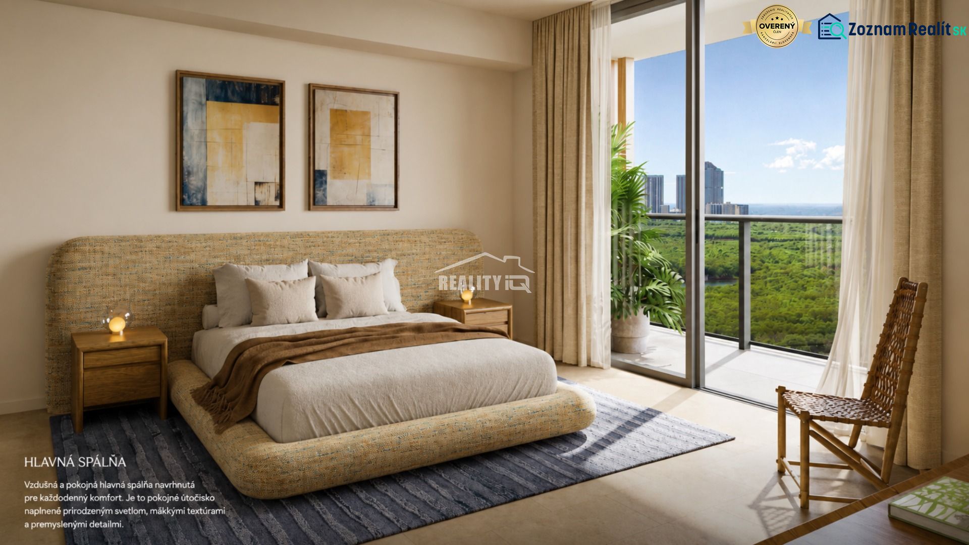 Bedroom in a studio apartment with access to a balcony, bright walls, plants, and decorative paintings.