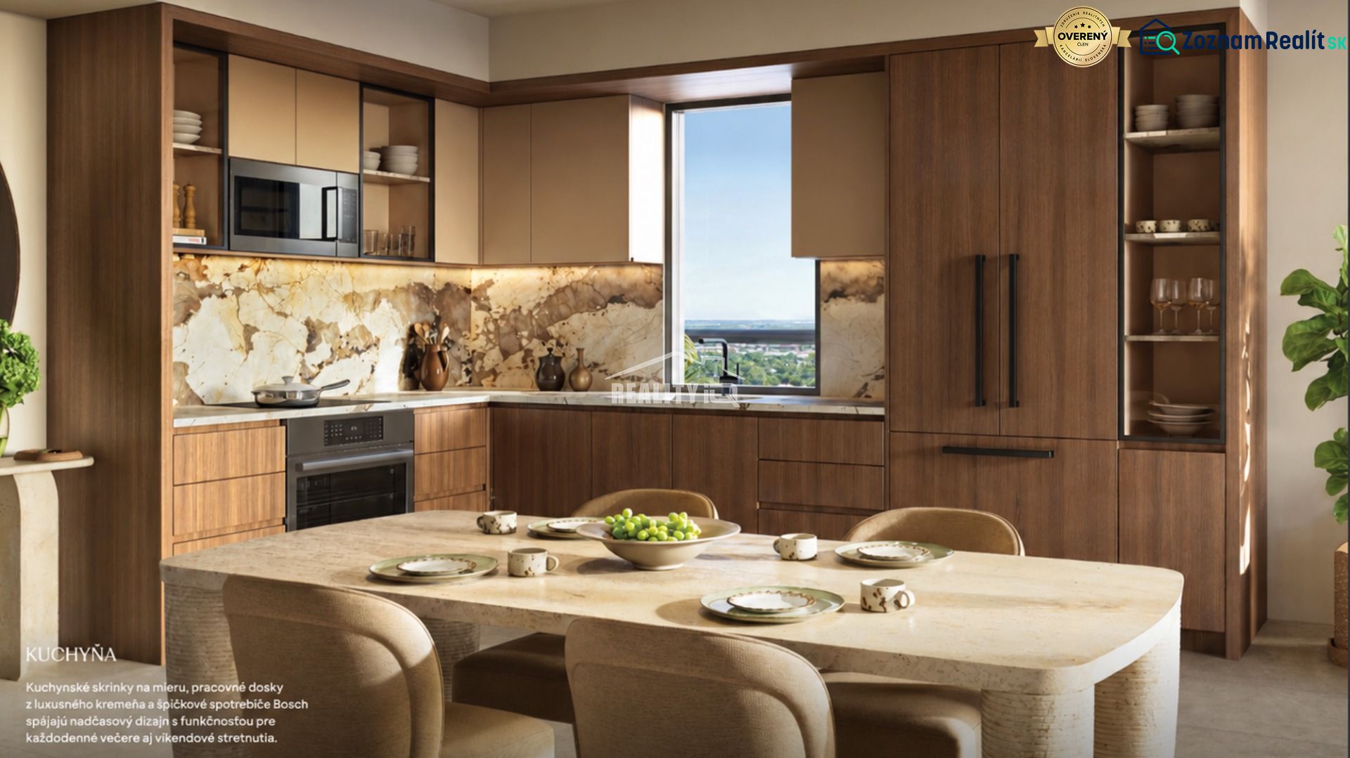 A kitchen unit with marble cladding and a table in a studio apartment.