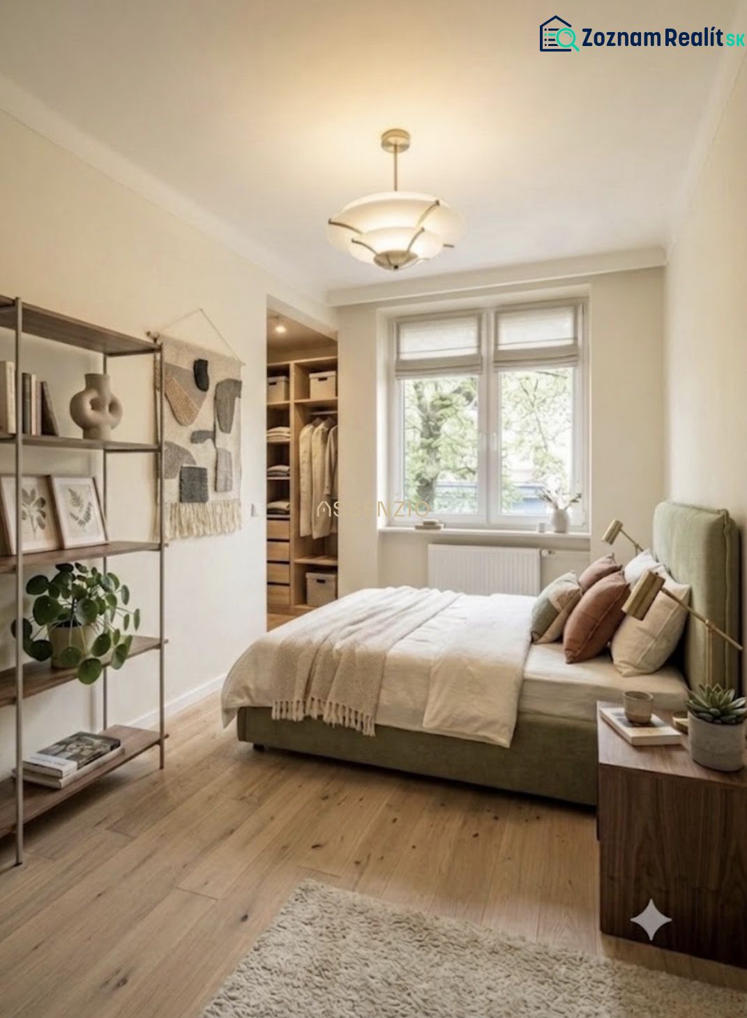 A bedroom in a 3-room apartment with a bed, shelves, and a floor with a wooden decor.