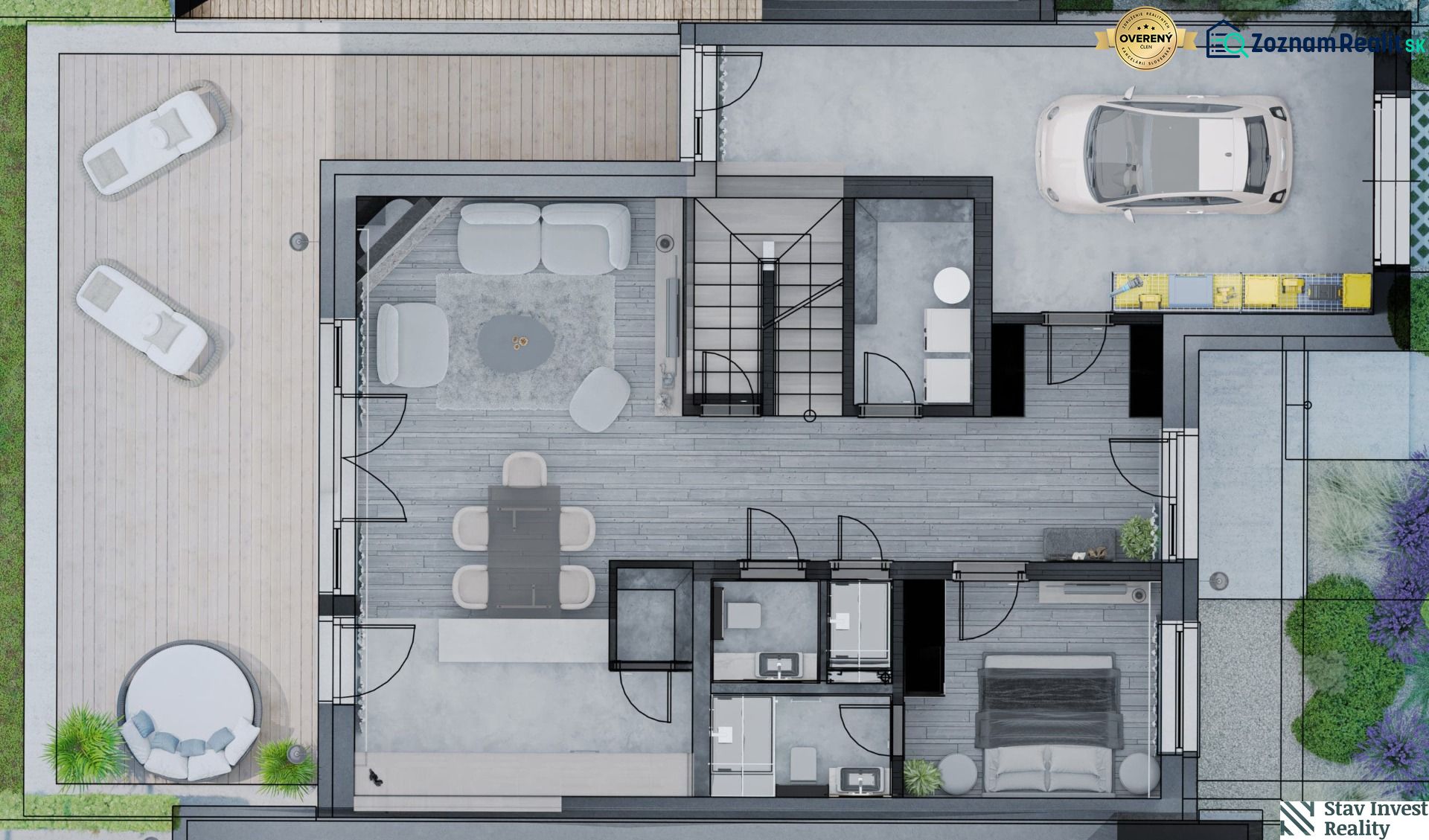 Floor plan of a family house with a wooden decor floor, terrace, and garage.