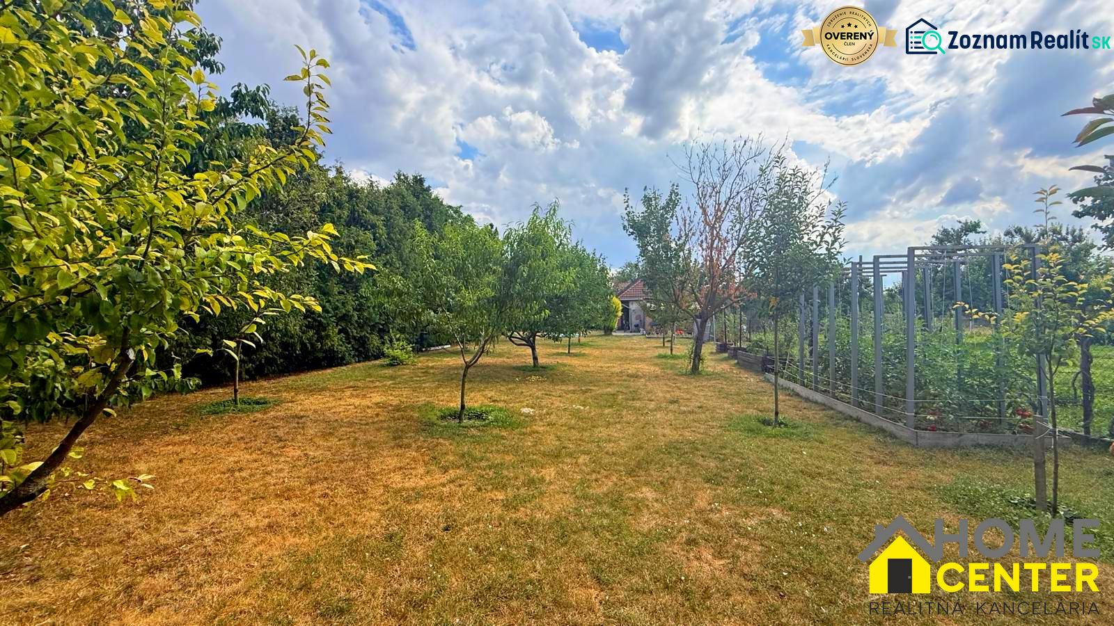 A garden around a family house in Iža with fruit trees and a lawn.