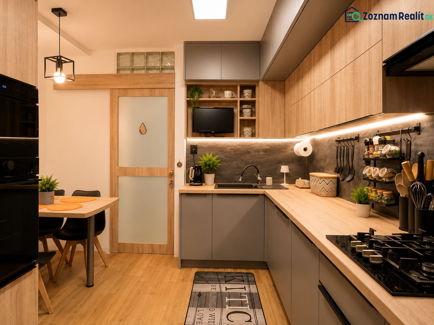 A kitchen in a 3-room apartment with a wooden decor floor and stylish lighting.