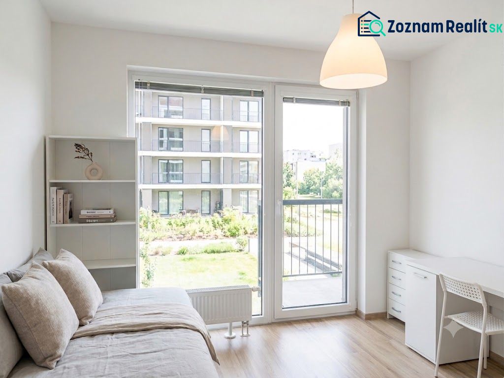 Studio apartment with a bed, shelf, desk, and a view of the balcony, floor with wood decor.