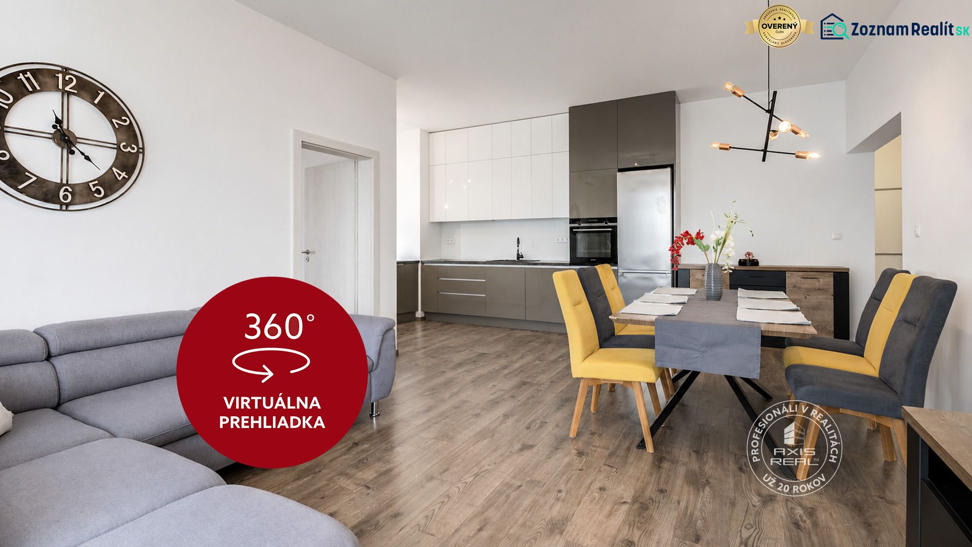 Living room with a kitchen in a three-room apartment with a wooden decor floor.