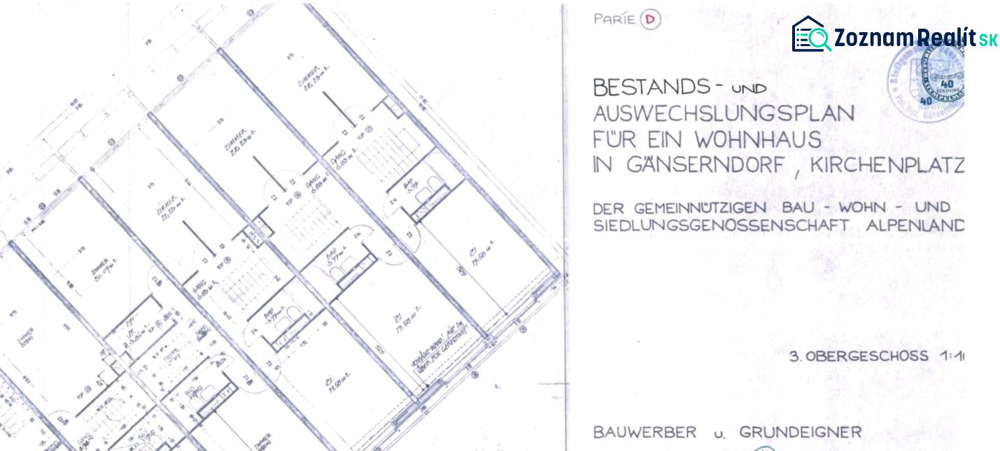 The construction plan of the apartment building in Gänserndorf at Kirchenplatz shows the layout of a 3-room apartment.