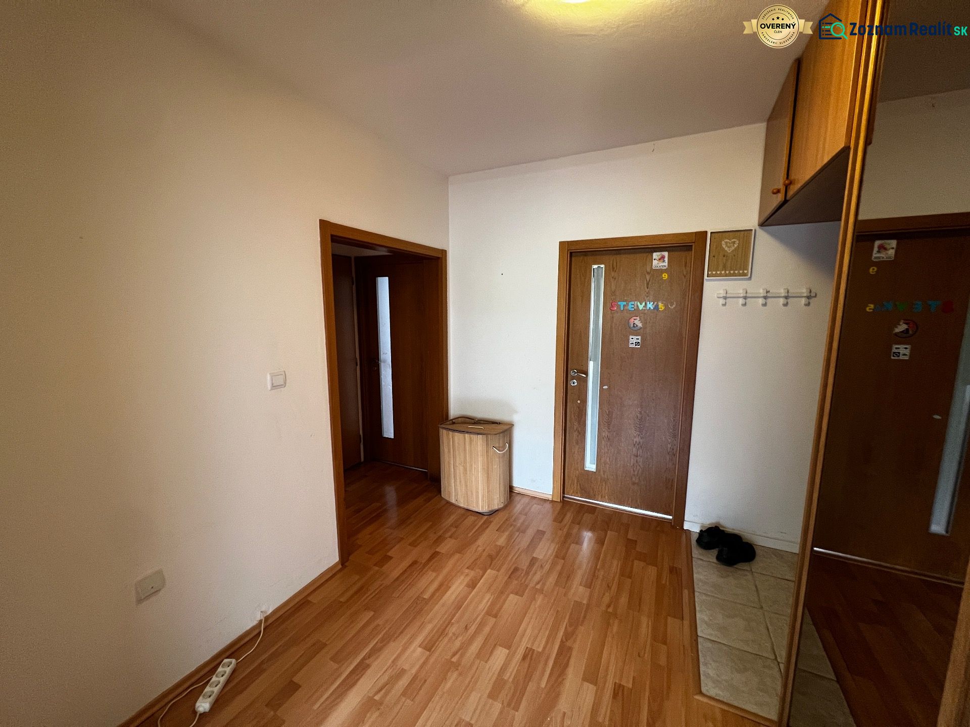 Entrance hall of a 3-room apartment with a wooden decor floor and a socket panel.