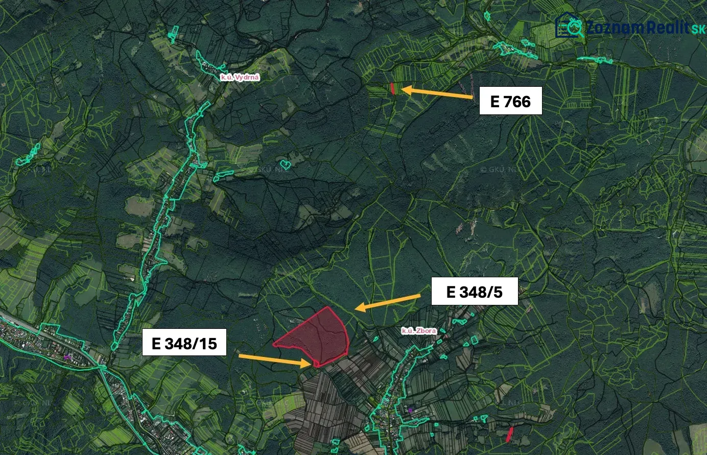 Aerial map of agricultural and forest lands near the village of Dohňany.