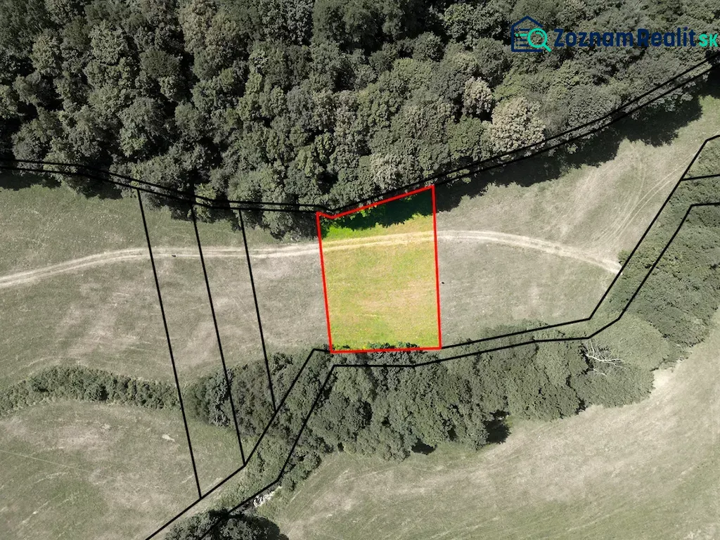 Aerial view of a fenced plot in the gardens of Horná Ves with surrounding trees.