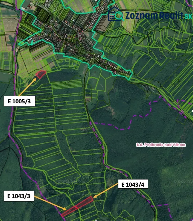 Map of agricultural and forest lands near the village of Podhradie.