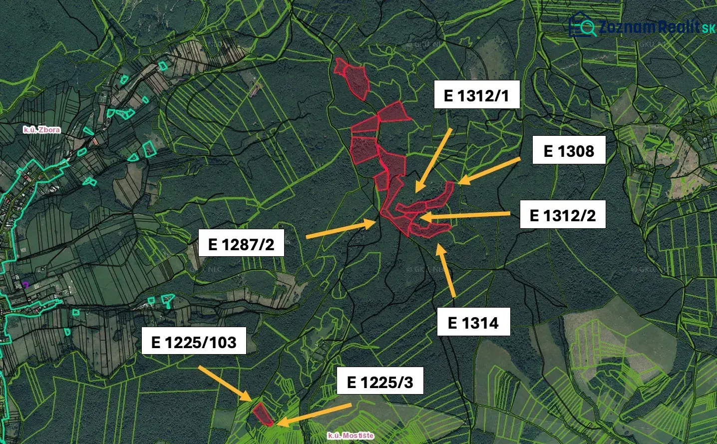 Aerial map of agricultural and forest lands around the village of Dohňany with parcels.