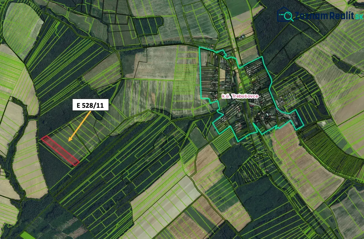 Aerial view of agricultural and forest lands near Trebušovce with parcel markings.