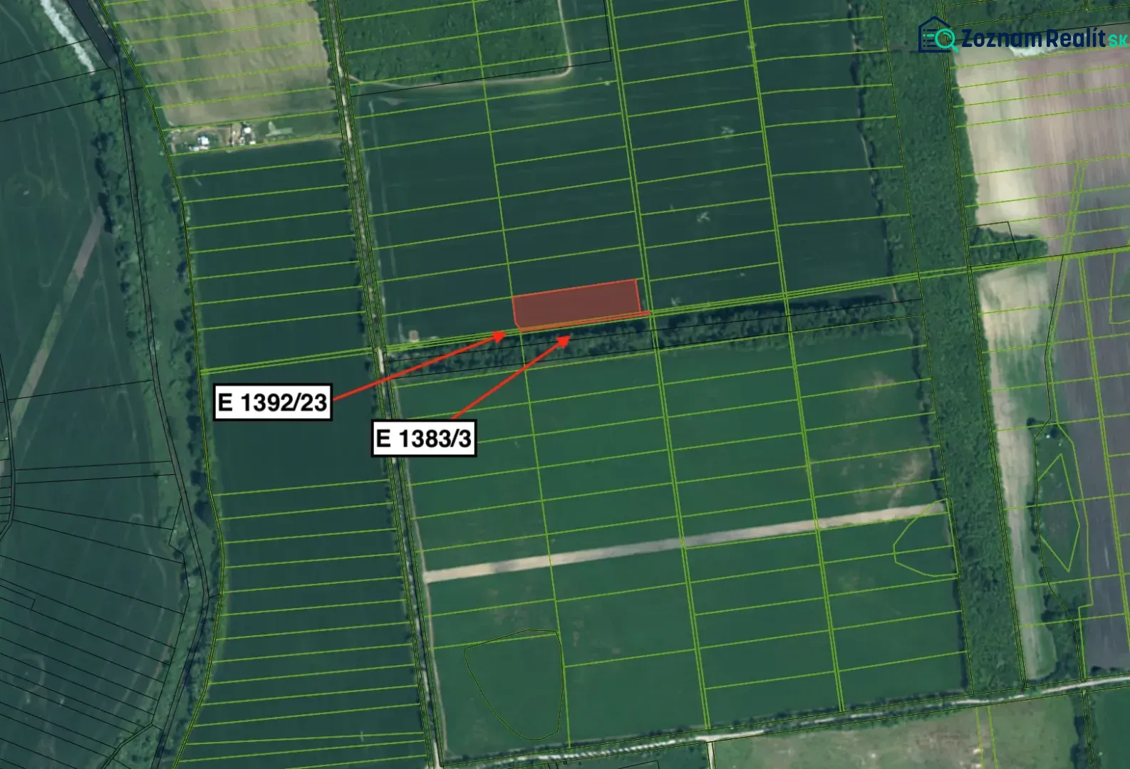 Aerial photograph of agricultural and forest lands in Vysoká pri Morave with parcels and boundaries.