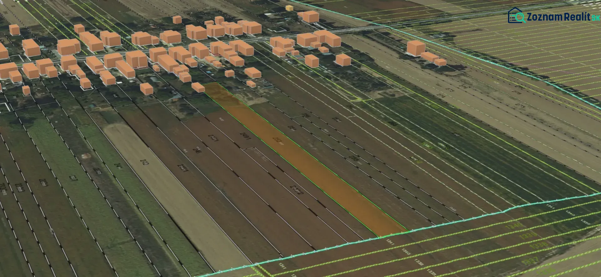 Agricultural and forest land in Lekárovce with 3D models of buildings and parcels.