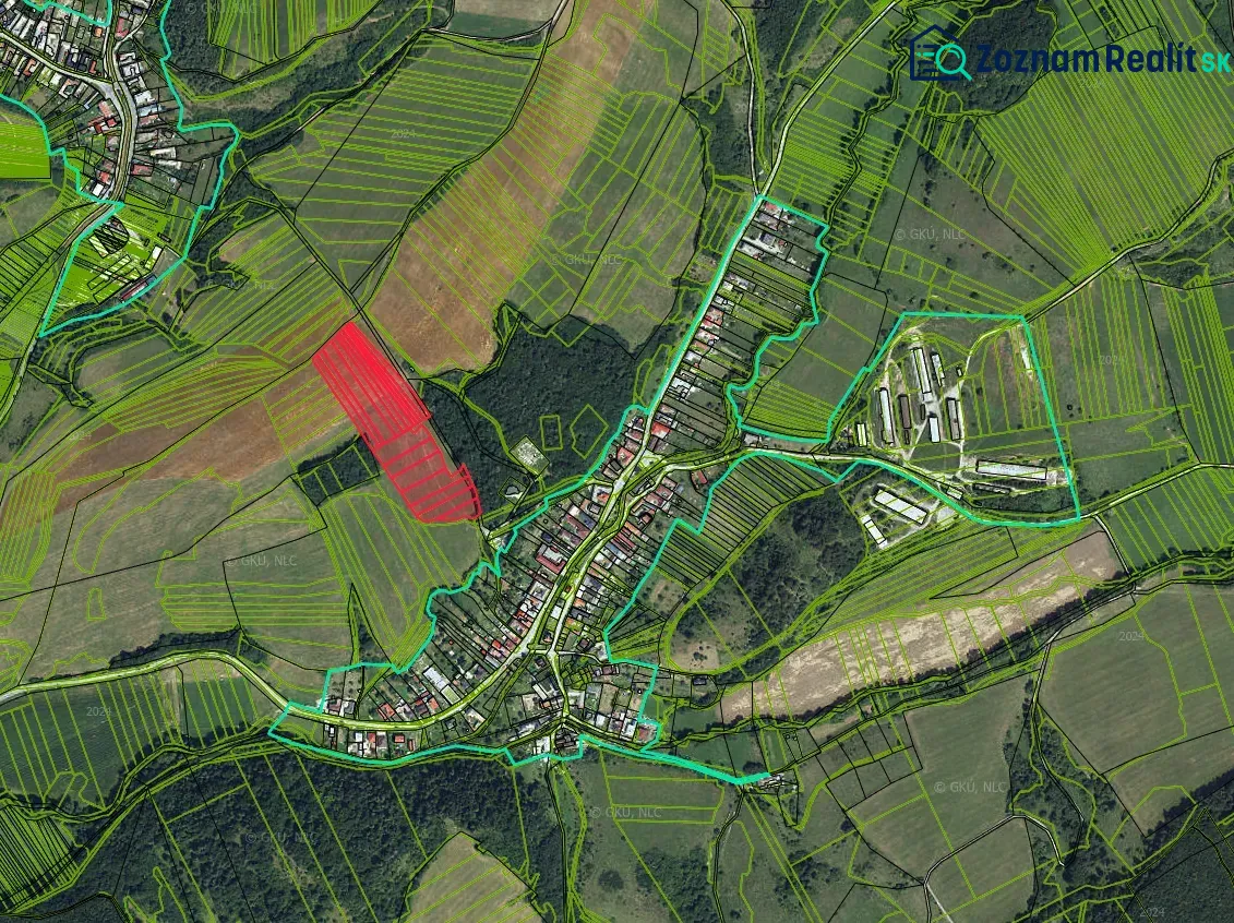 Aerial map of agricultural and forest lands around the village of Dúbravica, showing economic areas.