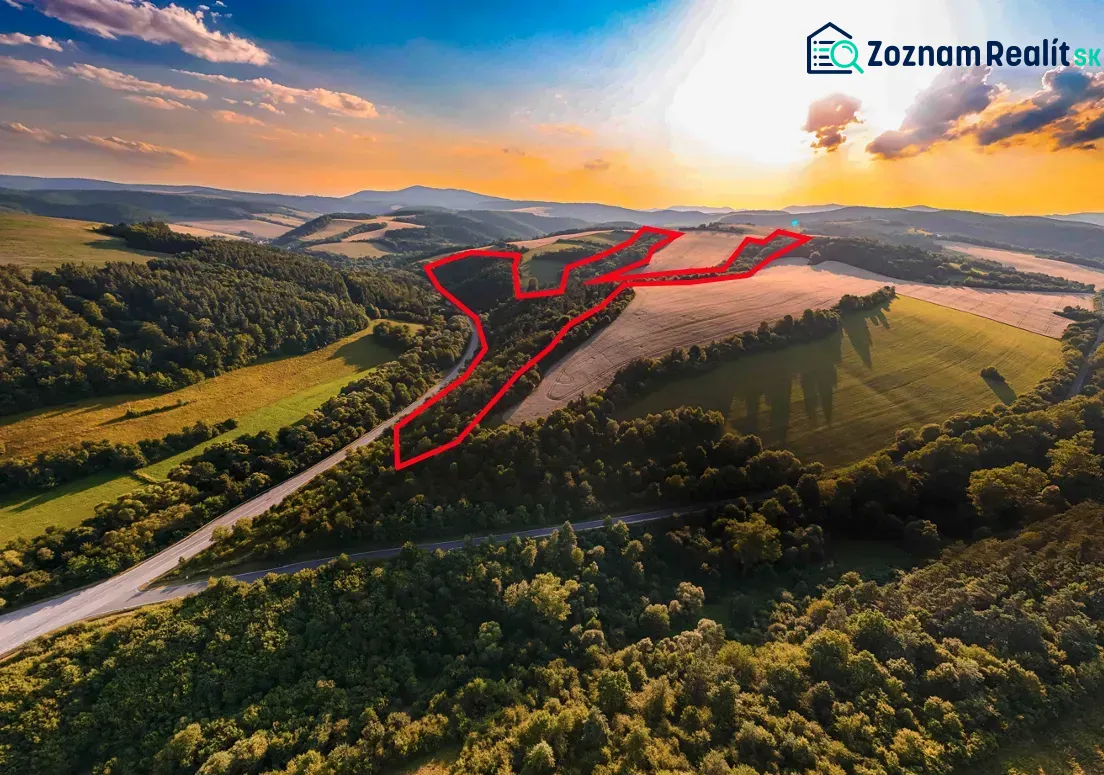 Agricultural and forest lands in Rokycany surrounded by forests and a road at sunset.