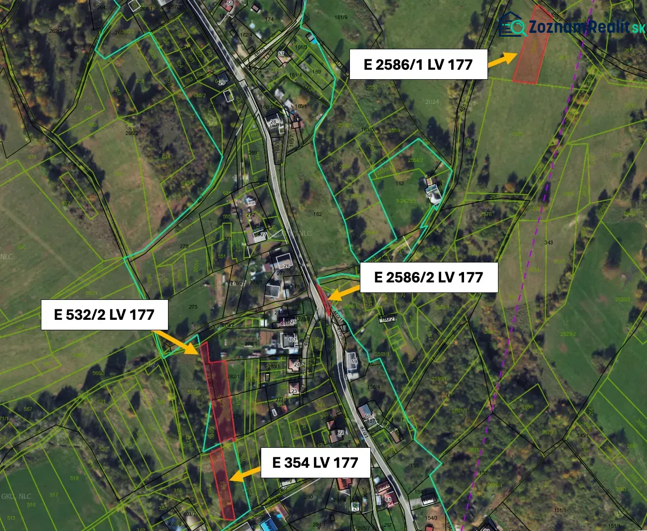 Map of plots in Lúčky; Agricultural and forest lands marked with numbers and boundaries.