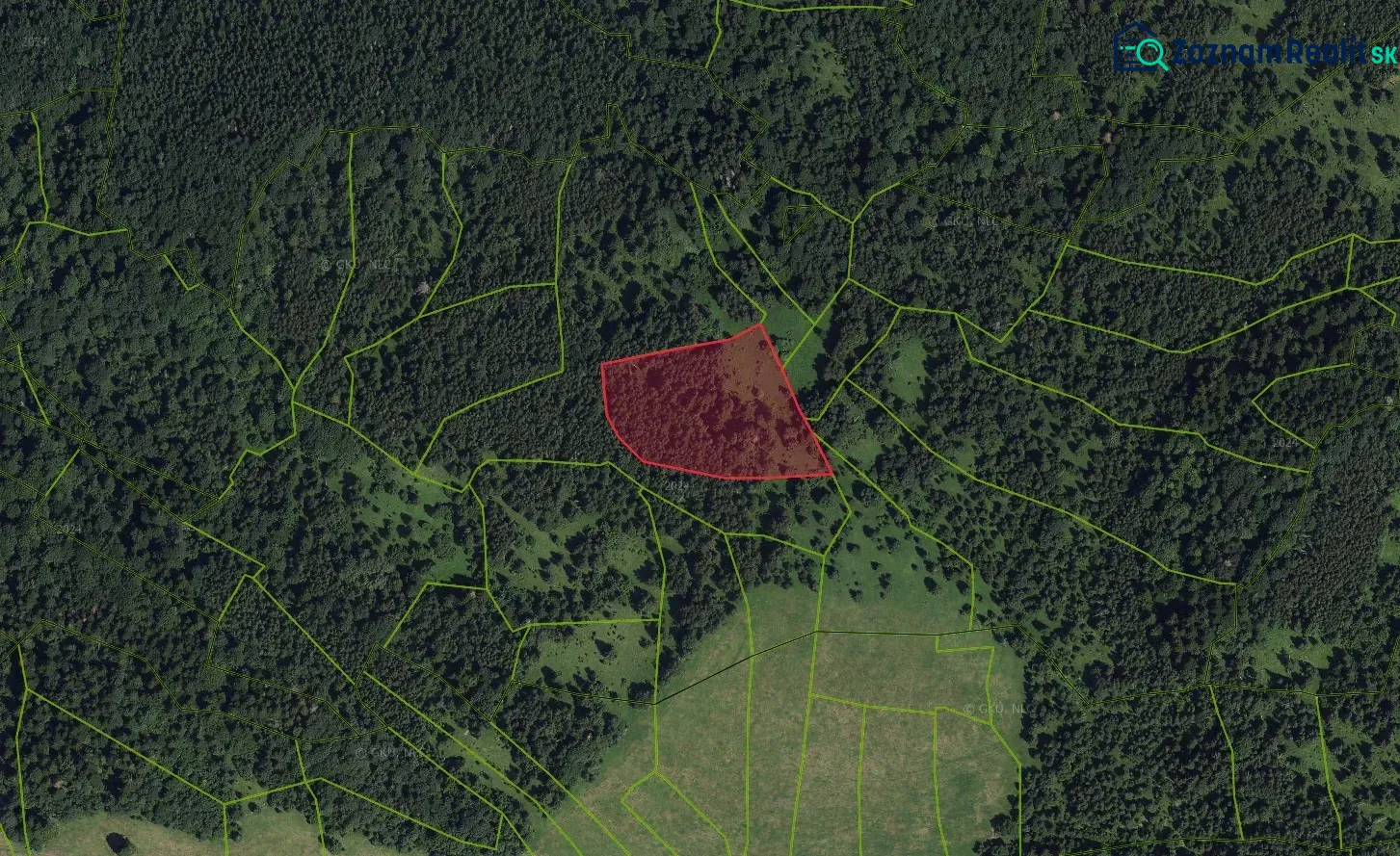 Satellite view of agricultural and forest lands in Poniky with a marked parcel.