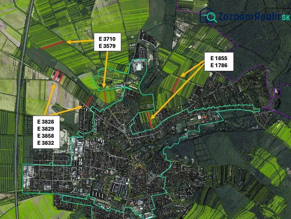 Aerial map of agricultural and forest land in Stupava with marked parcels.