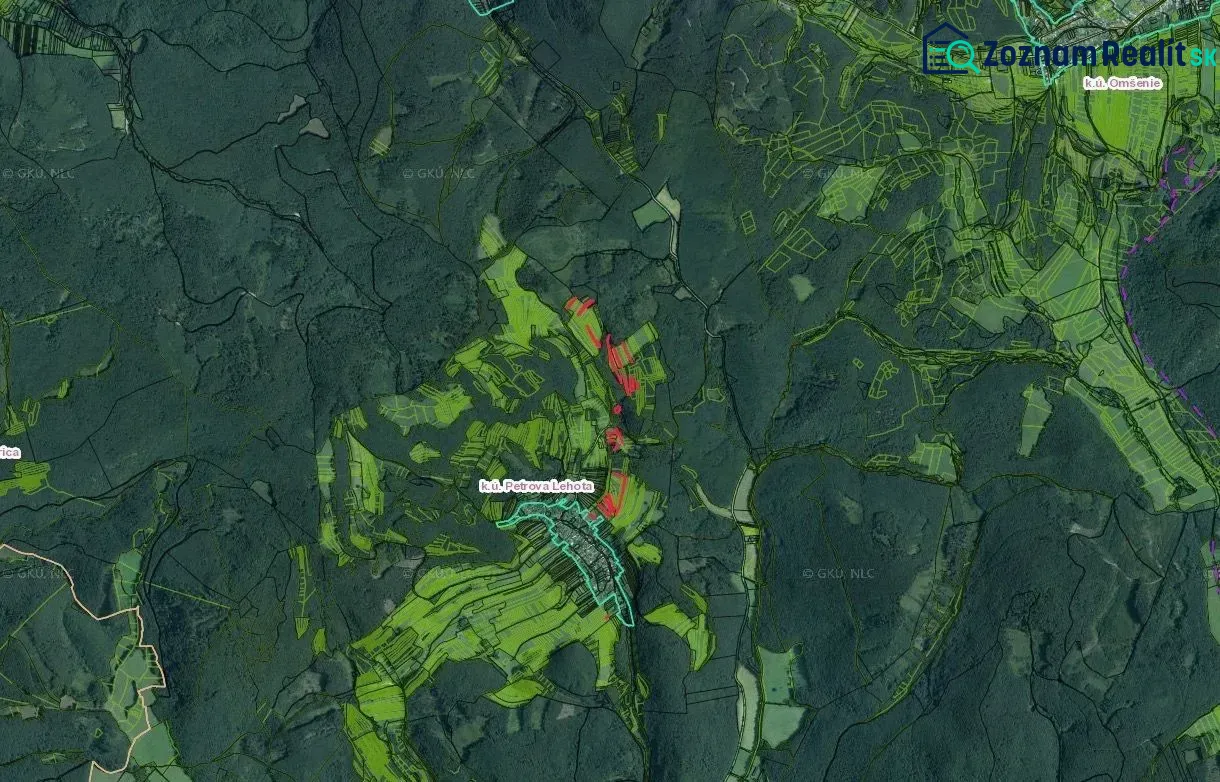 Aerial view of agricultural and forest lands around Petrova Lehota.