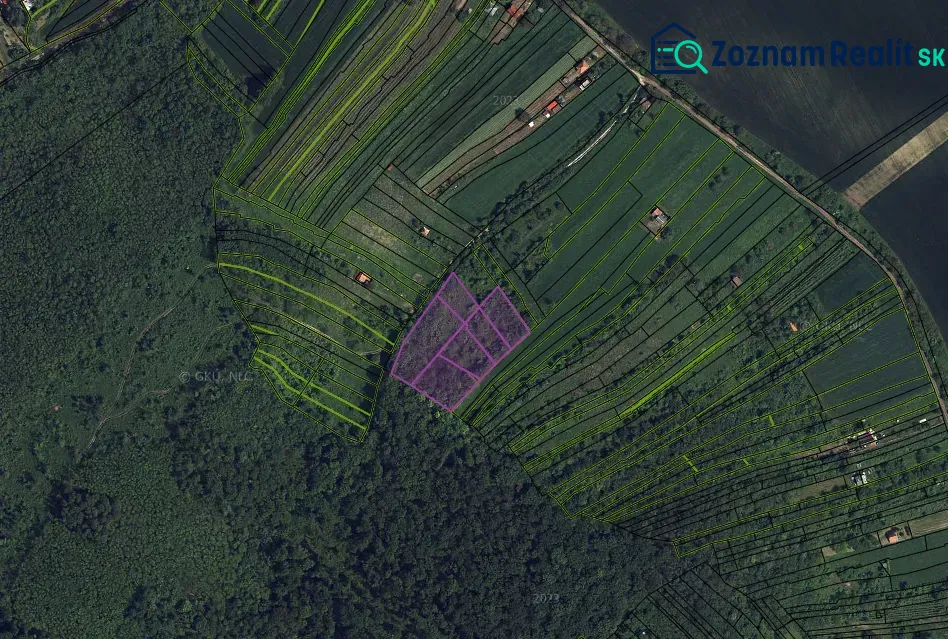 Aerial view of agricultural and forest land near Kamenný Most with marked parcels.
