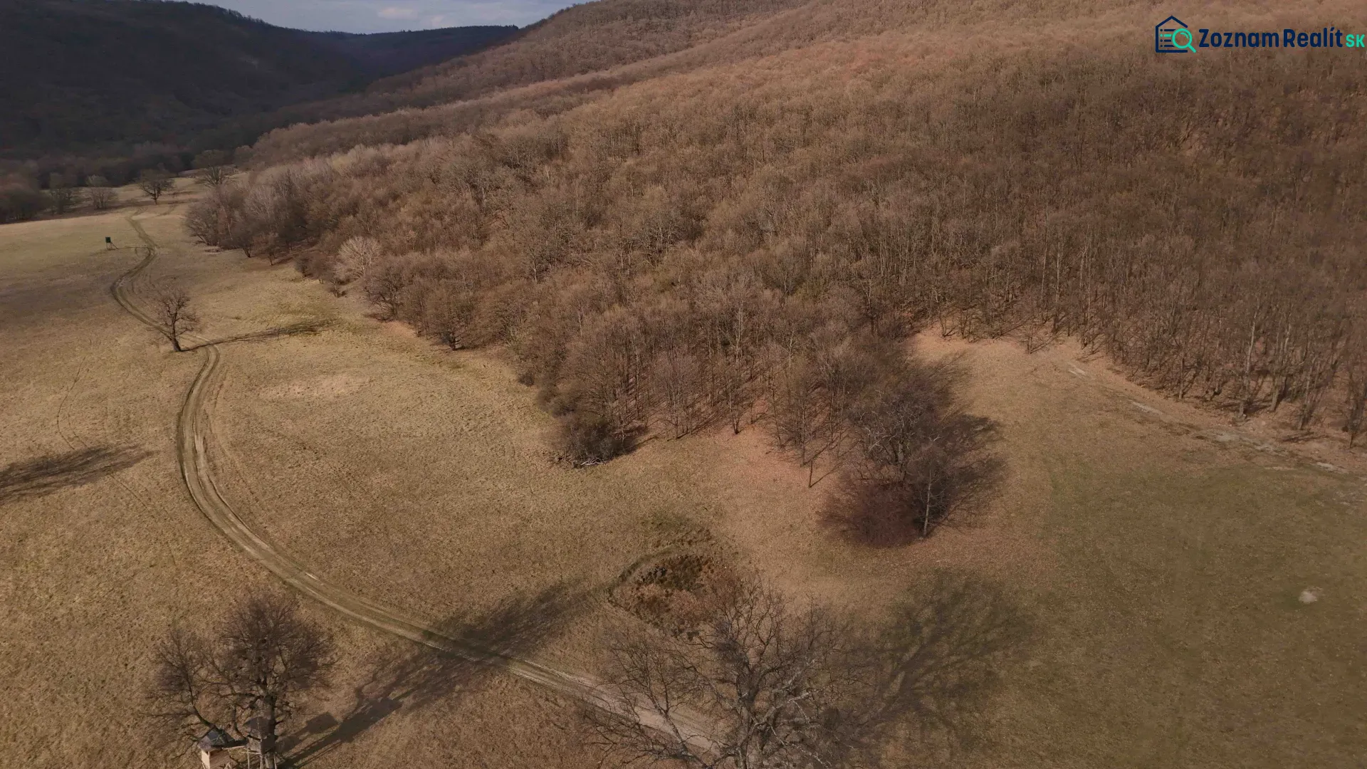 Agricultural and forest lands in Príbelce surrounded by forests and meadows with dirt roads.