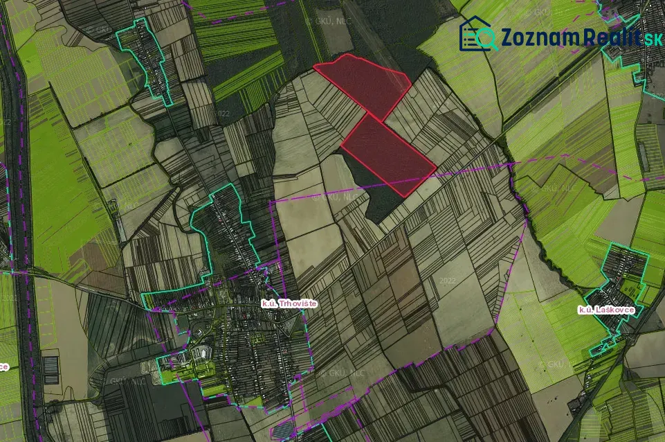 Aerial view of agricultural and forest lands in the area of Trhovištia and Láskoviec.