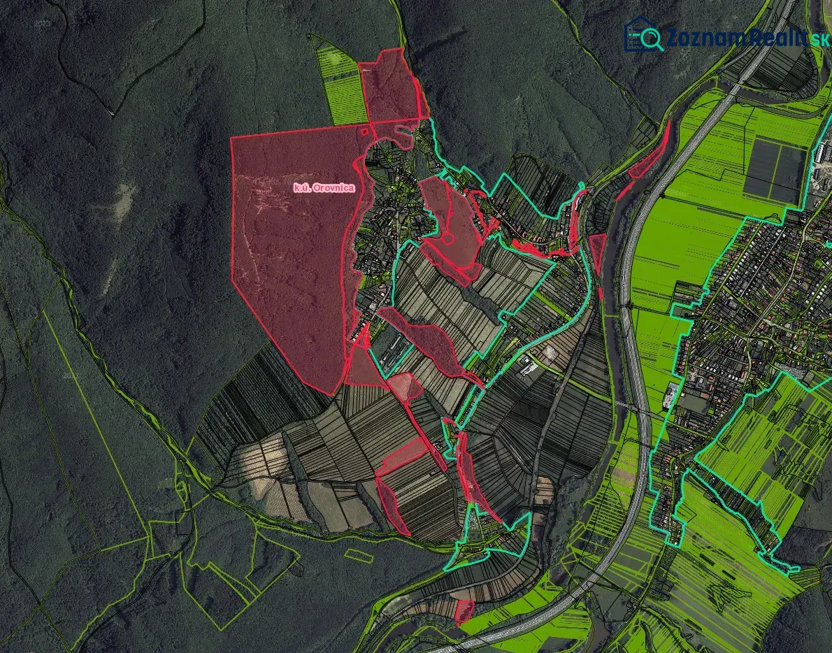 An overview of agricultural and forest land near Orovnica with delineated parcel boundaries.