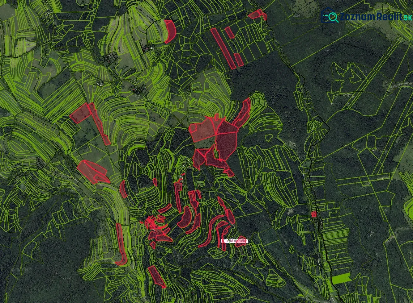 Orthophotomap of agricultural and forest lands around Ábelová.