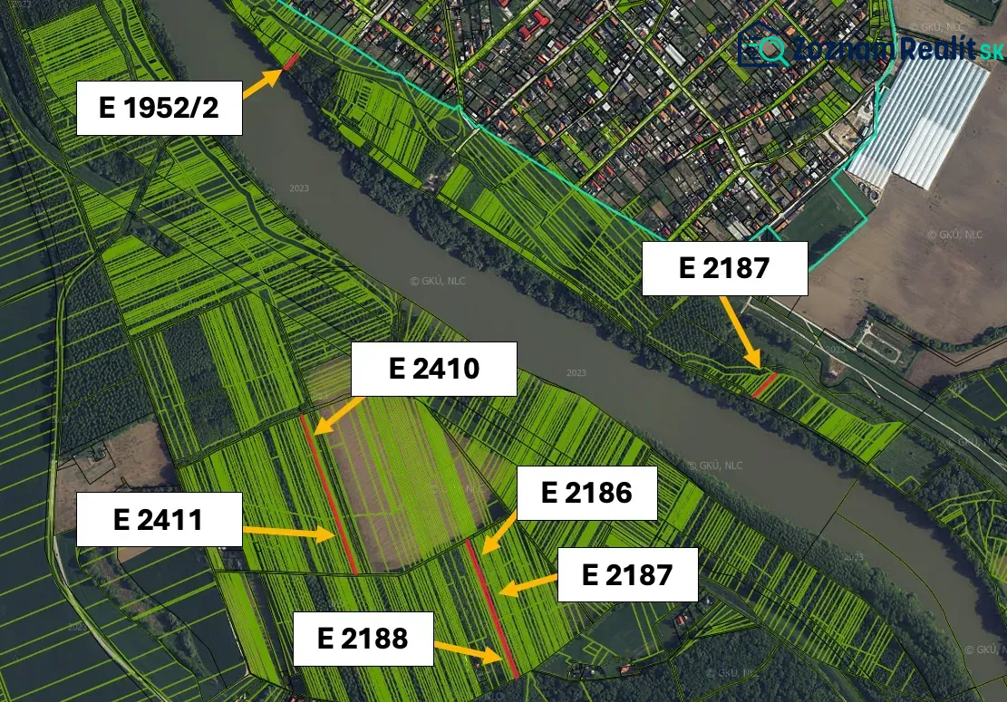 Satellite map of agricultural and forest land in Zemné, with marked parcel numbers.