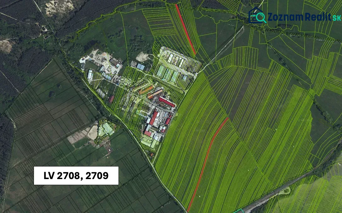 Aerial photograph of agricultural and forest lands in Jablonové with highlighted parcels.
