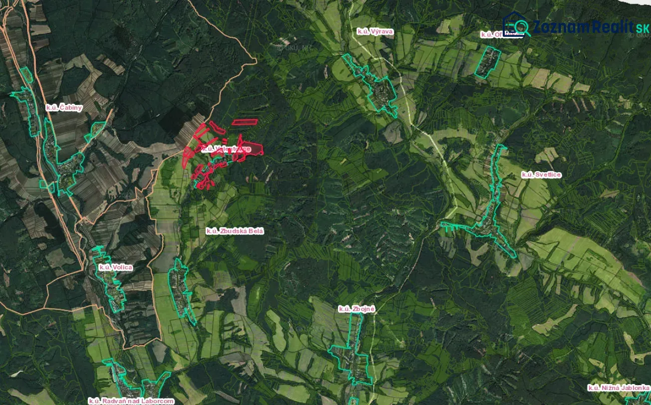 Aerial view of agricultural and forest lands around Valentovce with color highlights.